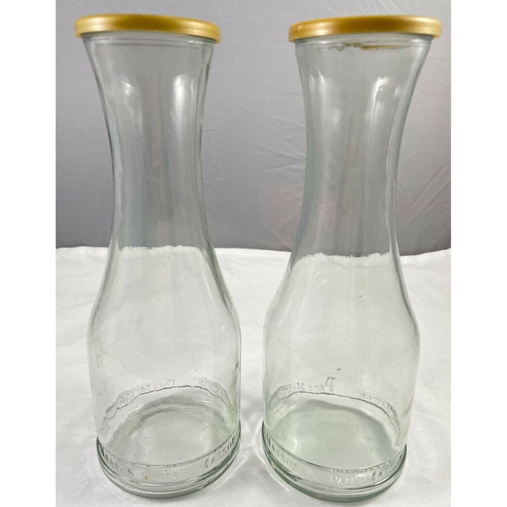 Paul Masson Wine Carafe Bottle w/ Lid Set of 2 Clear Glass 11" Empty